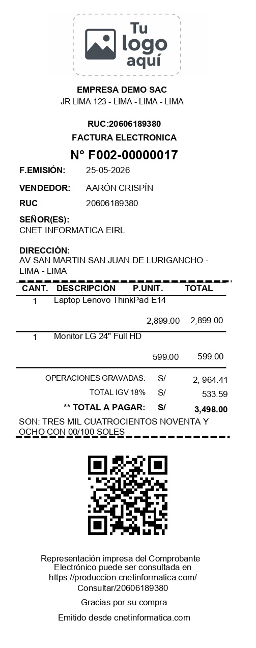 Comprobante de factura electrónica firmado digitalmente